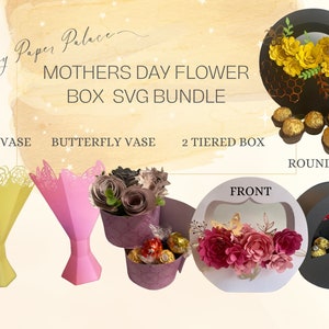 Mothers Day flower box SVG bundle with multi-tier vase and rose butterfly designs