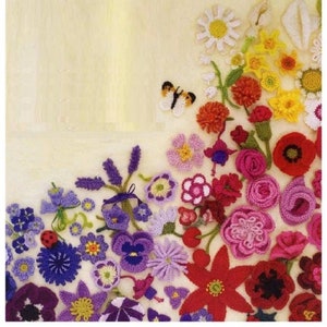 Flower crochet and knitting pattern sheet with colorful 3D flower motifs