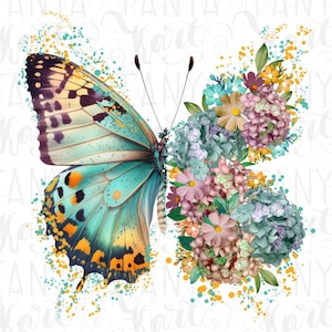 Floral butterfly illustration PNG with multicolor flowers and watercolor speckles