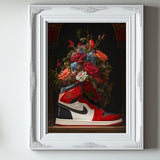 Framed sneaker wall art print featuring a red and black high-top shoe with flowers