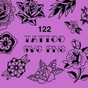 Floral tattoo flash SVG bundle with detailed botanical flower line art designs