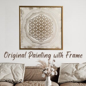 Framed Flower of Life acrylic painting with circular sacred geometry, light beige abstract
