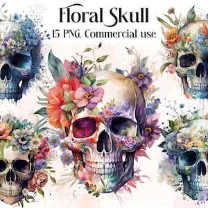 Colorful watercolor floral skull clipart with crown of flowers