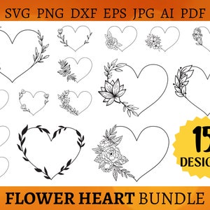 Floral heart design bundle with outlined botanical hearts and flowers; yellow 15 badge