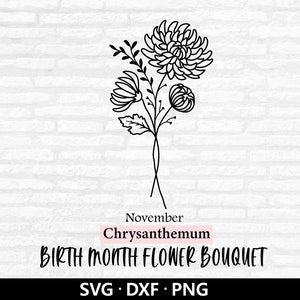 November chrysanthemum flower bouquet SVG with stem, leaves, and Birth month flower bouquet text
