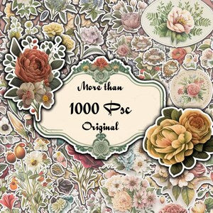 Vintage fussy-cut flower ephemera bundle collage, more than 1000 pcs artwork