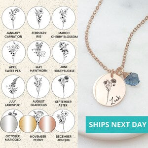 Gold-plated round birth flower name necklace with cursive charm and blue raw stone