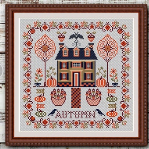 Autumn house cross-stitch sampler PDF pattern with wreath, pumpkins, and cottage birds