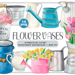 Watercolor flower vase clipart set with painted watering cans, jugs, and flowers