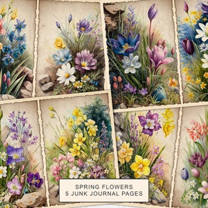 Spring flowers junk journal printable page set with 5 floral collage sheets