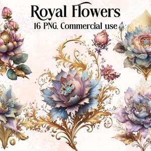 Watercolor royal floral clipart bundle with ornate gold swirls and jewel-toned blooms