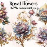 Watercolor Royal Flowers PNG Clipart, Fantasy Floral Clip Art, Magical Flower bundle, Jewelled Flower png, Royal Fantasy Watercolor Roses