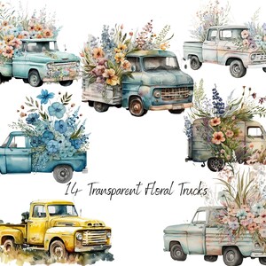 Watercolor floral truck clip art bundle with multiple pastel trucks and flowers