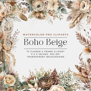 Boho beige watercolor floral clipart set with bouquets, leaves, and roses in a corner frame