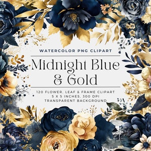 Watercolor floral clipart bouquet elements in midnight blue and gold flowers, transparent PNG