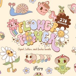 Retro sublimation clipart bundle with groovy flowers, smiley characters, and peace vibe designs