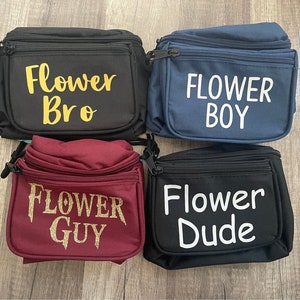 Set of four personalized fanny packs: Flower Bro, Flower Boy, Flower Guy, Flower Dude