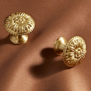 Gold brass flower drawer knobs, round rosette handles with knob bases