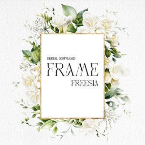 White freesia floral frame greeting card, watercolor flowers with green leaves border