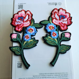 Embroidered flower iron-on patches, pair: red and blue blossoms with green leaves