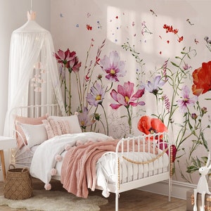 Watercolor wildflower wallpaper mural with pink, purple, orange blooms on light background