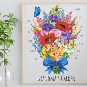 Colorful flower bouquet wall art print with handwritten-style text and names, “GRANDMA’S GARDEN”
