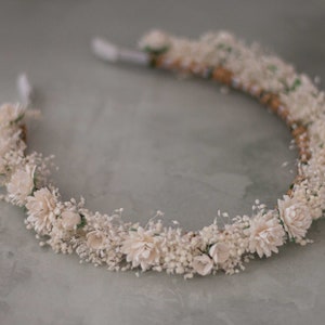 Preserved baby’s breath flower headband with ivory and blush dried blooms