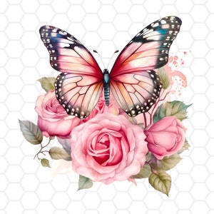 Watercolor butterfly clipart with pink roses and green leaves, transparent PNG