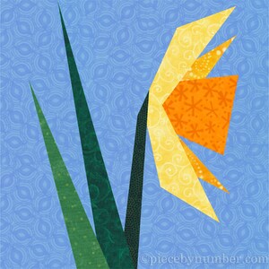 Quilt block paper piecing pattern template with yellow daffodil petals and green leaves