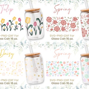 Spring-themed glass drink can with wooden lid and full-wrap colorful floral design