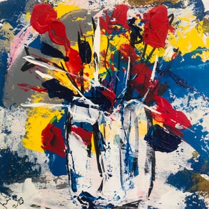 Abstract wall art print with red, blue, yellow splashes and white drips
