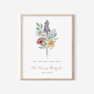 Framed birth flower bouquet printable with colorful blossoms and greenery
