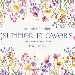 Watercolor summer flowers seamless border with multicolor floral cluster, clipart style