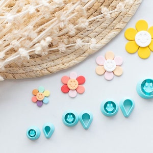 Happy face flower clay cutter set, 3D printed, teal and pastel sizes for embossing
