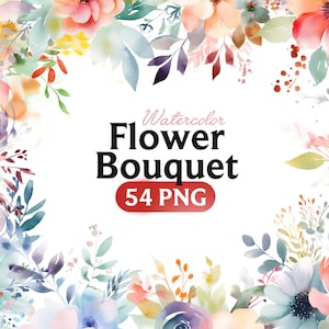 Watercolor flower bouquet clipart set with pink, blue, and orange blooms and leaves