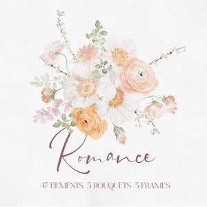 Watercolor floral bouquet with peach and cream roses and script 'Romance'