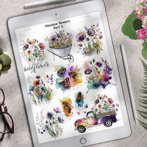 Meadow flowers floral GoodNotes sticker sheet, part 2 with watercolor blooms and insects