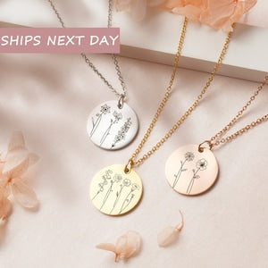 Round engraved birth-flower sister necklaces on gold and silver chains