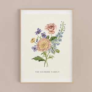 Birth Flower Family Bouquet Custom Digital Print Personalized Gift Mother's Day Antique Home art Grandmother gift Floral Family portrait
