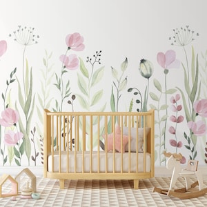 Watercolor wildflower peel-and-stick wall mural decal with pink flowers and greenery