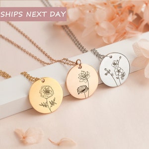 Women’s flower pendant necklace with round engraved birth-flower medallions and chain