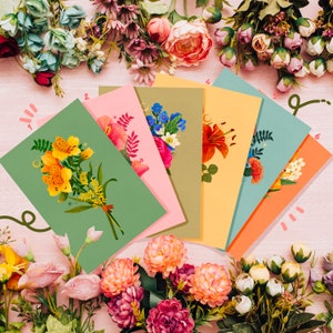 Flower bouquet postcard set with assorted botanical floral designs and bright pastel backgrounds