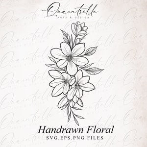 Floral line art SVG with three primrose-style blossoms and leaves, black ink sketch