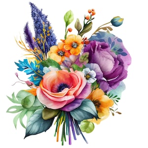 Colorful floral bouquet clipart with roses, purple blooms, orange flowers and leaves