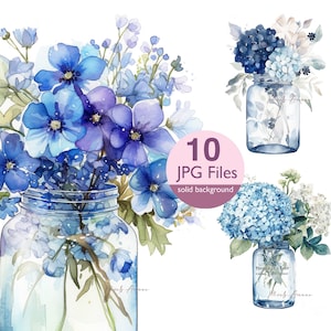 Watercolor blue and white flower clip art in a glass vase