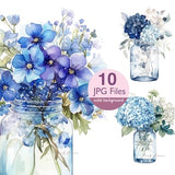 Blue Flowers in vase clip art, JPG vase of flowers watercolor clipart, floral wedding invitation, planner, sticker junk journal