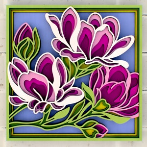 3D floral mandala laser cutting SVG with layered purple and green magnolia flower design