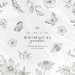 Botanical line art clipart set with flowers, leaves, and butterfly illustrations