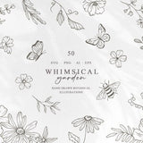Flower Line Art Clipart Set with Leaves SVG, Hand Drawn Floral Bundle PNG, Fine Art Wedding Botanicals, Garden Illustration Butterfly