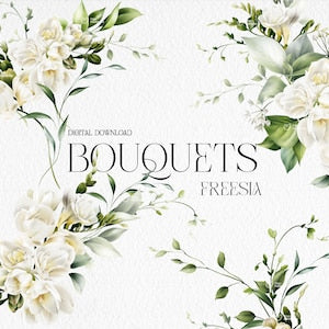 Freesia floral bouquet clipart with white blooms and green leafy sprigs, set of frames